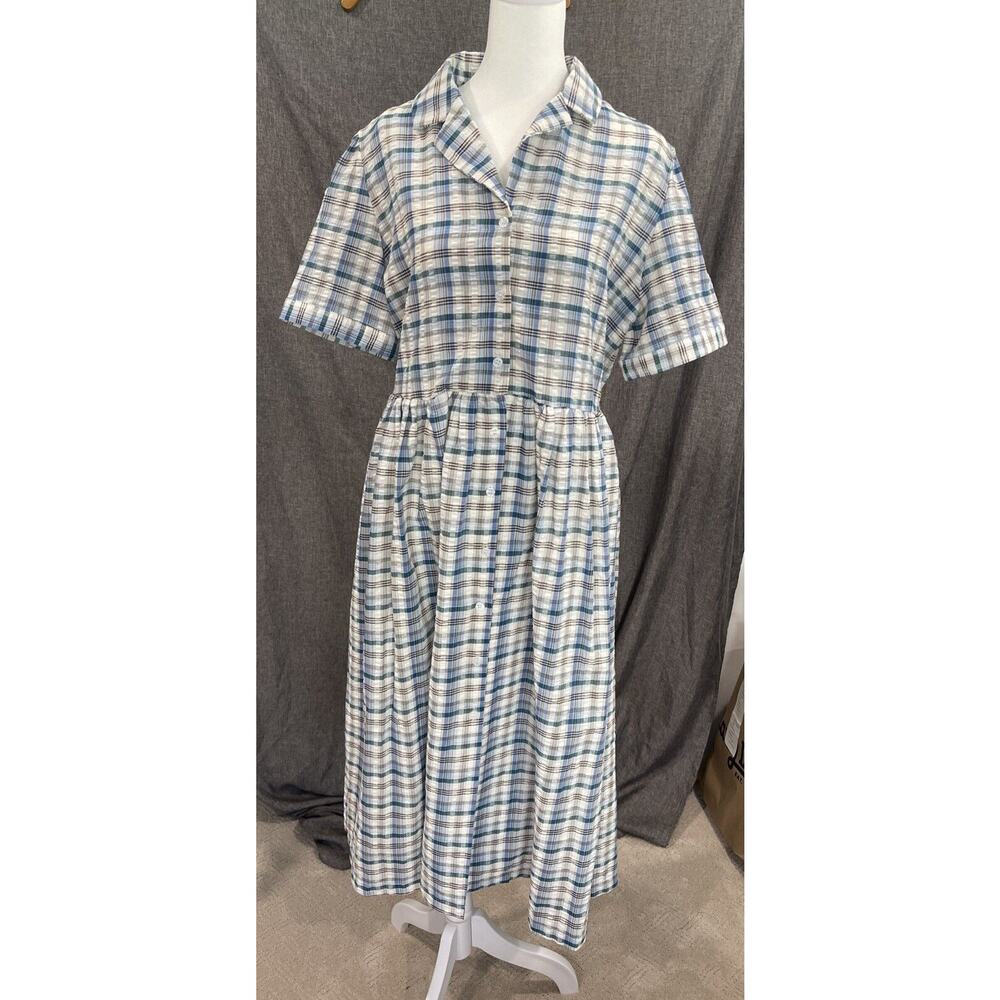 Oak Fort Button Front Plaid Midi Dress Collared Short Sleeve Tie Back Blue Sz SM